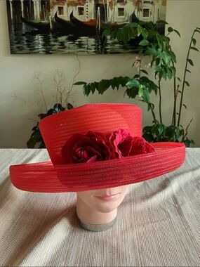 Elegant Red Wide-Brim Floral Women's Hat